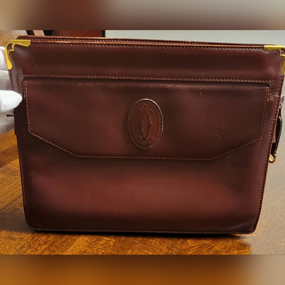 Cartier Vintage Bordeaux Burgundy Leather Large Envelope Clutch Bag.